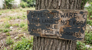 A warning sign about land dispute, highlighting the risks of buying without proper title
