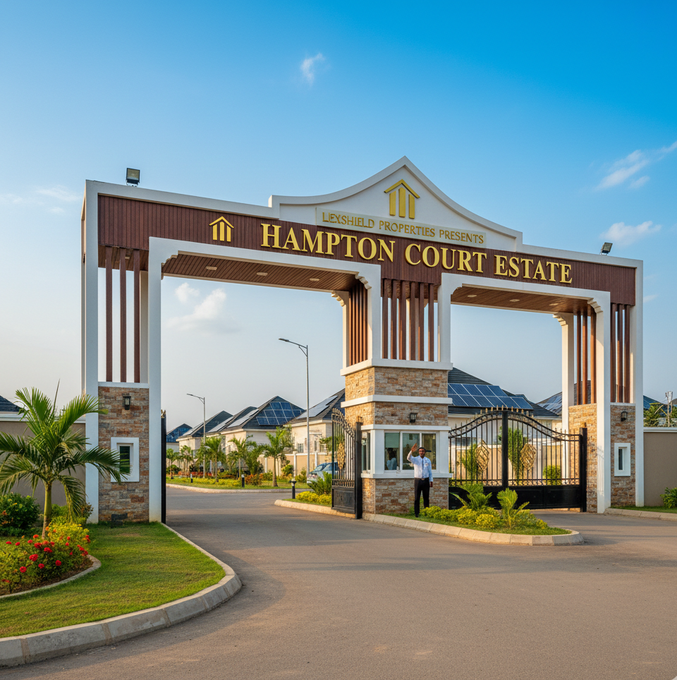 A high-quality photo of the entrance gate to a Lexshield Properties estate in Mowe-Ofada, showing good security, greenery, and a well-maintained sign.