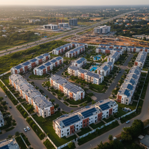 A clear, easy-to-understand infographic showing Mowe-Ofada's proximity to Lagos, key development drivers (expressway, future projects), and a growth arrow.